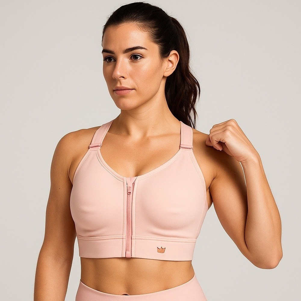 SHEFIT Luxe 38-40 Sports Bra Zip Front‎ Adjustable Straps Pink Medium Impact